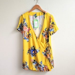 NWT Farm Rio Yellow Short Sleeve Faux Wrap Tunic